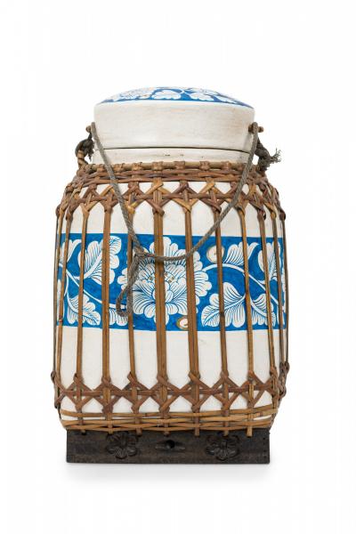Vintage Chinese Papier Mache Blue and White Basket with Lid