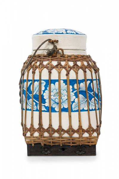 Vintage Chinese Papier Mache Blue and White Basket with Lid