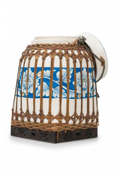 Vintage Chinese Papier Mache Blue and White Basket with Lid