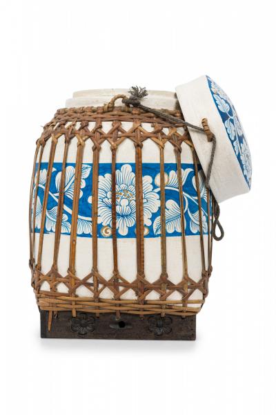 Vintage Chinese Papier Mache Blue and White Basket with Lid