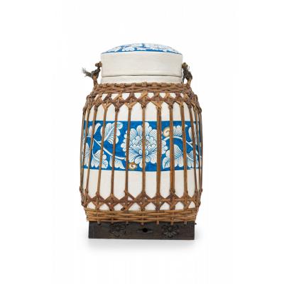 Vintage Chinese Papier Mache Blue and White Basket with Lid