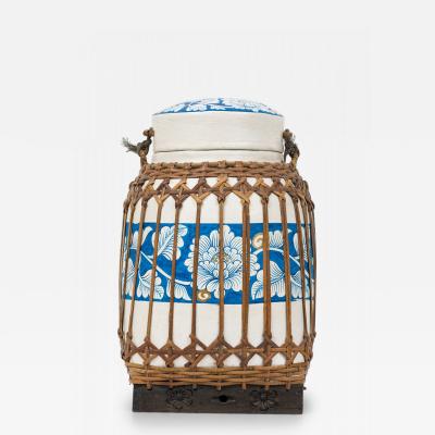 Vintage Chinese Papier Mache Blue and White Basket with Lid