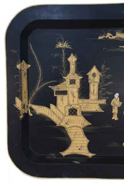 Vintage Chinese Rectangular Tole Black and Gold Monestary Scene Tray