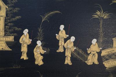 Vintage Chinese Rectangular Tole Black and Gold Monestary Scene Tray