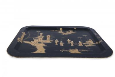 Vintage Chinese Rectangular Tole Black and Gold Monestary Scene Tray