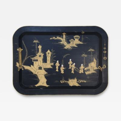 Vintage Chinese Rectangular Tole Black and Gold Monestary Scene Tray