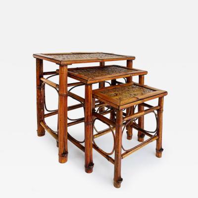 Vintage Chinoiserie Bamboo Cane Nesting Stacking Tables Set of 3