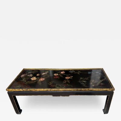 Vintage Chinoiserie Hand Painted Black Gold Coffee or Cocktail Table