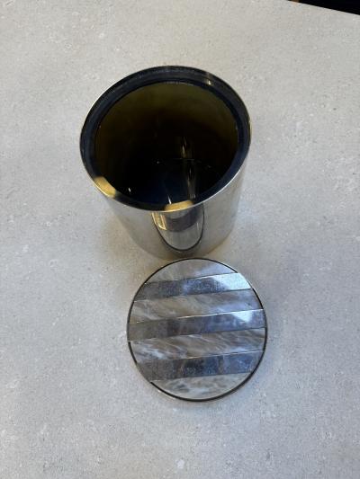 Vintage Chrome Ice Bucket with Mother of Pearl Inset Lid 1970s