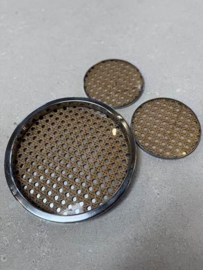 Vintage Chrome and Cane Tray with Matching Coasters 1970s