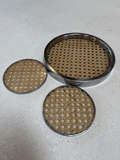Vintage Chrome and Cane Tray with Matching Coasters 1970s