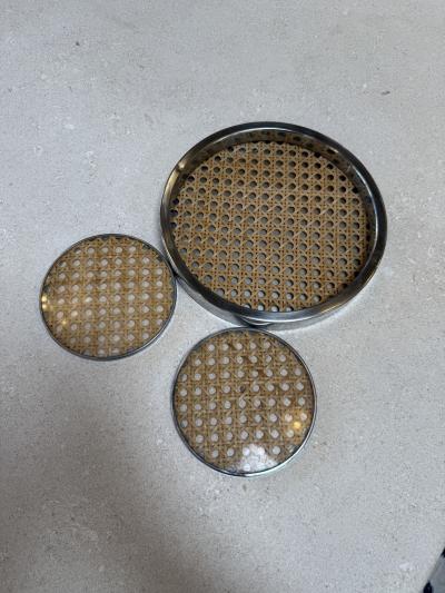 Vintage Chrome and Cane Tray with Matching Coasters 1970s
