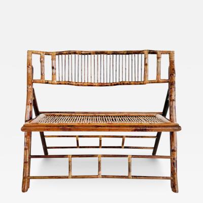 Vintage Coastal Chic Rattan Reed Folding Bench Rich Patina Well constructed