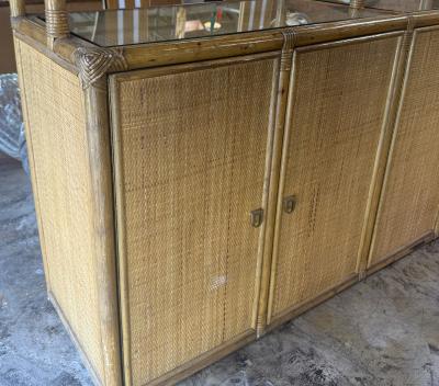 Vintage Coastal Rattan Etagere Cabinet with Glass Shelves