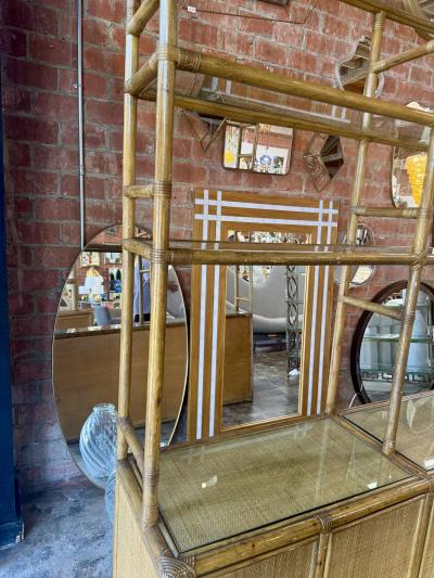 Vintage Coastal Rattan Etagere Cabinet with Glass Shelves