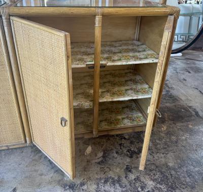 Vintage Coastal Rattan Etagere Cabinet with Glass Shelves