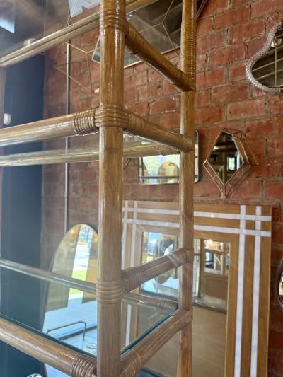 Vintage Coastal Rattan Etagere Cabinet with Glass Shelves