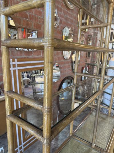 Vintage Coastal Rattan Etagere Cabinet with Glass Shelves