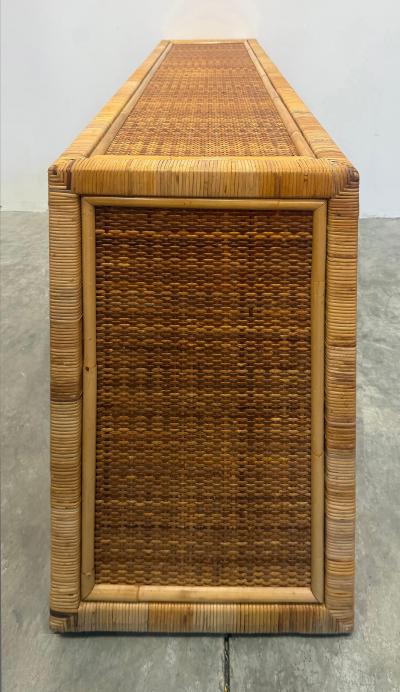Vintage Coastal Woven and Rattan Wrapped Cabinet With Wood Trim