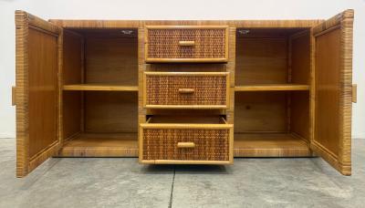 Vintage Coastal Woven and Rattan Wrapped Cabinet With Wood Trim