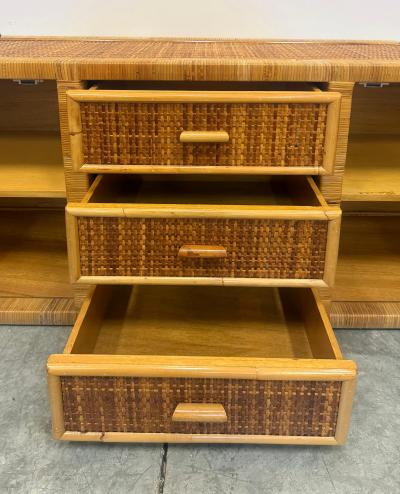 Vintage Coastal Woven and Rattan Wrapped Cabinet With Wood Trim