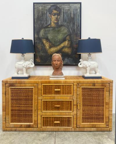 Vintage Coastal Woven and Rattan Wrapped Cabinet With Wood Trim