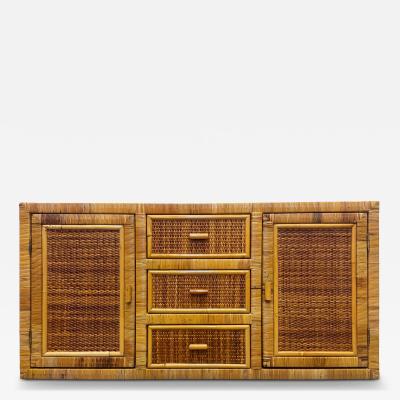 Vintage Coastal Woven and Rattan Wrapped Cabinet With Wood Trim