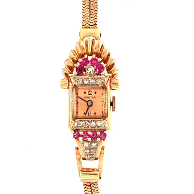 Vintage Croton Ladies 14 Karat Gold Wristwatch 9 Total Diamonds