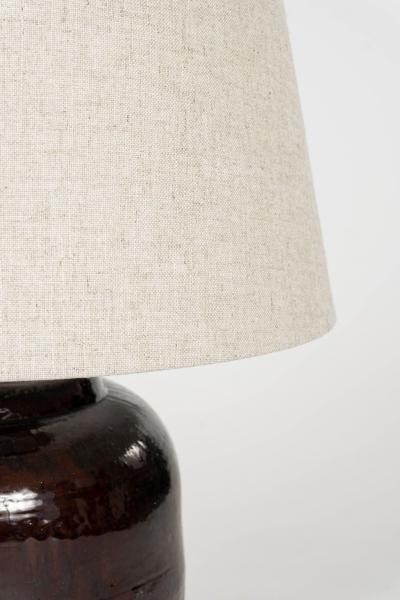 Vintage Dark Reddish Brown Glazed Pot as Table Lamp with Natural Linen Shade