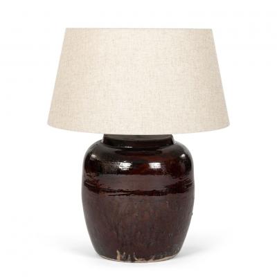Vintage Dark Reddish Brown Glazed Pot as Table Lamp with Natural Linen Shade