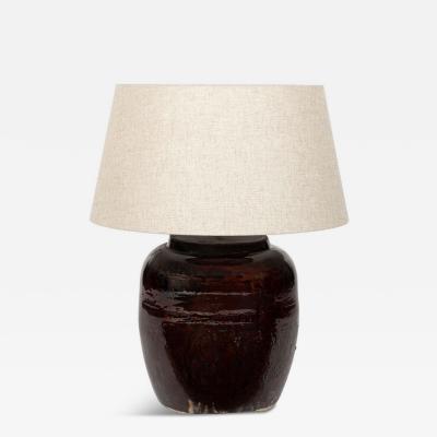 Vintage Dark Reddish Brown Glazed Pot as Table Lamp with Natural Linen Shade