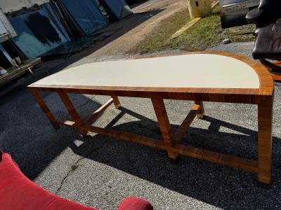 Vintage Demilune Laminate Top Rattan and Brass Console Table