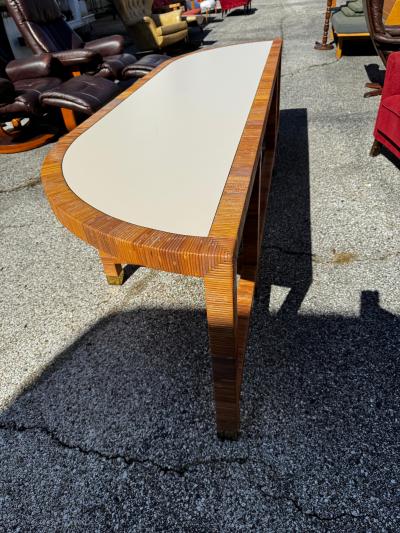 Vintage Demilune Laminate Top Rattan and Brass Console Table