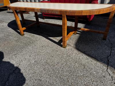 Vintage Demilune Laminate Top Rattan and Brass Console Table