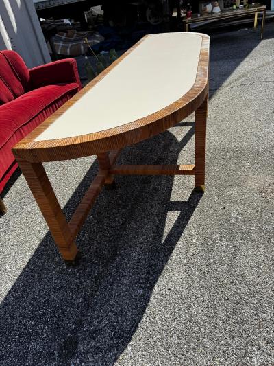 Vintage Demilune Laminate Top Rattan and Brass Console Table