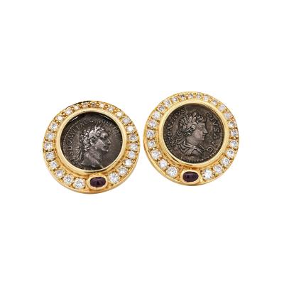 Vintage Diamond Ruby 18K Gold Roman Coin Replica Clip On Earrings