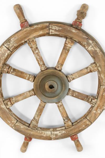 Vintage Distressed Brown and Red Painted Ships Wheel
