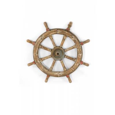 Vintage Distressed Brown and Red Painted Ships Wheel