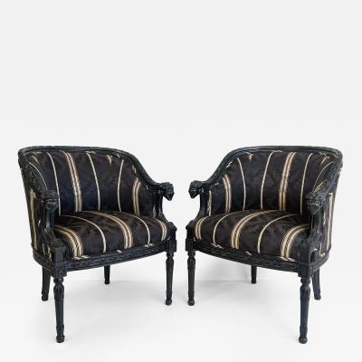 Vintage Ebonized Carved Rams Head Berg re Chairs Pair