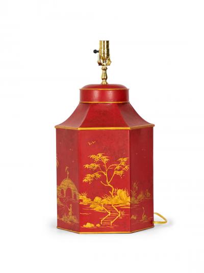 Vintage English Chinoiserie Red and Gold Hexagonal Tole Tea Caddy Table Lamp