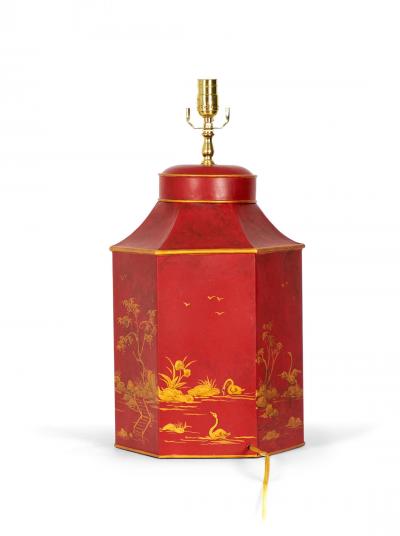 Vintage English Chinoiserie Red and Gold Hexagonal Tole Tea Caddy Table Lamp