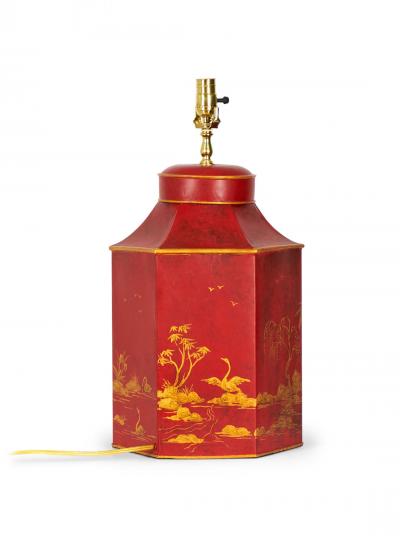Vintage English Chinoiserie Red and Gold Hexagonal Tole Tea Caddy Table Lamp
