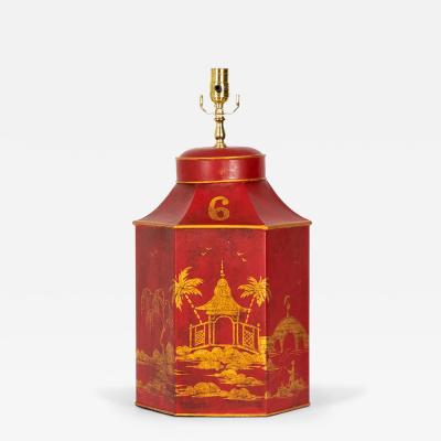 Vintage English Chinoiserie Red and Gold Hexagonal Tole Tea Caddy Table Lamp