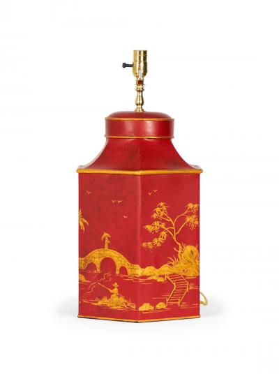 Vintage English Chinoiserie Red and Gold Hexagonal Tole Tea Caddy Table Lamp