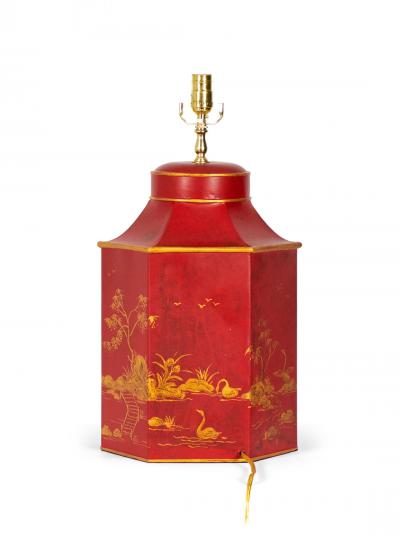 Vintage English Chinoiserie Red and Gold Hexagonal Tole Tea Caddy Table Lamp