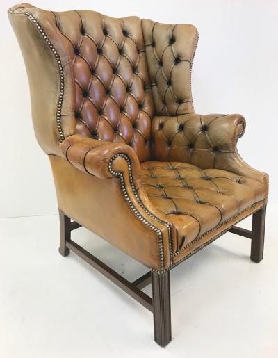 Vintage English Leather Tufted Wingback Library Chair