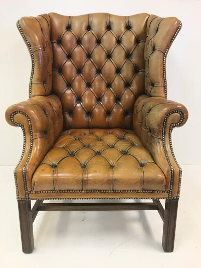 Vintage English Leather Tufted Wingback Library Chair