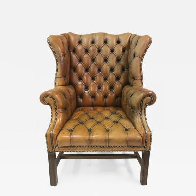 Vintage English Leather Tufted Wingback Library Chair