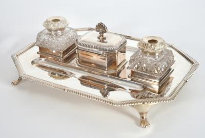 Vintage English Silver Plated Copper Footed Inkwells