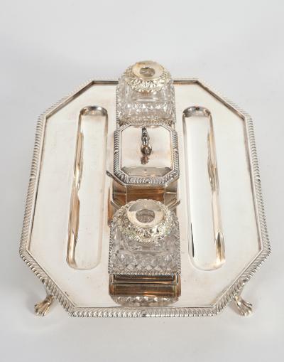 Vintage English Silver Plated Copper Footed Inkwells